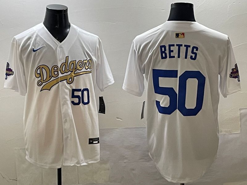 Men Los Angeles Dodgers #50 Betts White Champion gold character 2025 Nike MLB Jersey style 3318->los angeles dodgers->MLB Jersey